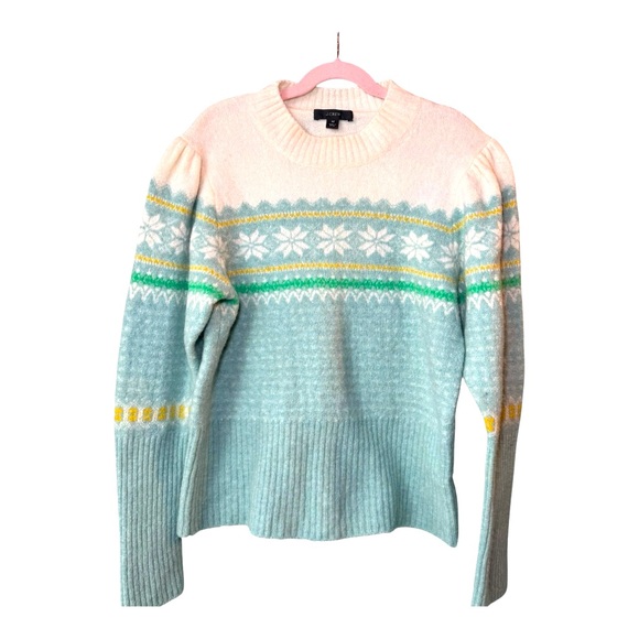 J. CREW Fair Isle Puff Sleeve Crew Neck Merino Wool Blend Sweater M - Picture 2 of 10